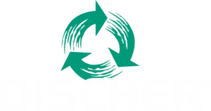 DISCHER Technik GmbH Logo mit grünem Recycling-Symbol und weißem Schriftzug, gestapelte Anordnung