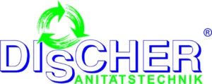 DISCHER-Logo von 1993 mit grünem Recycling-Pfeilsymbol und dem Zusatz „Sanitätstechnik"