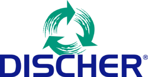 DISCHER-Logo von 2020 mit türkisgrünem Recycling-Pfeilsymbol und dunkelblauem Schriftzug