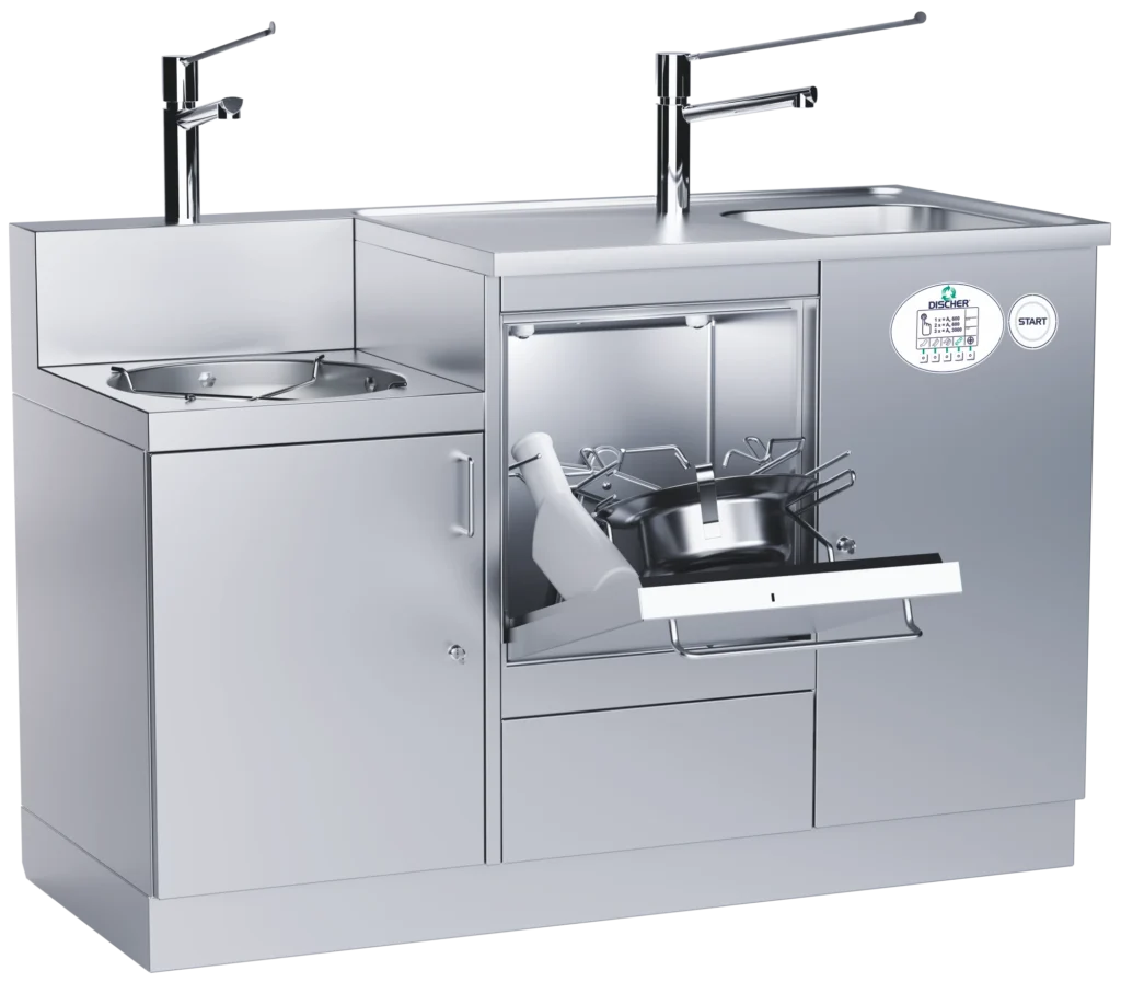 DISCHER Master 1350 Fäkalspüle mit Waschbecken, Ausguss, zwei Einhebelarmatur und geöffneter Spülkammer