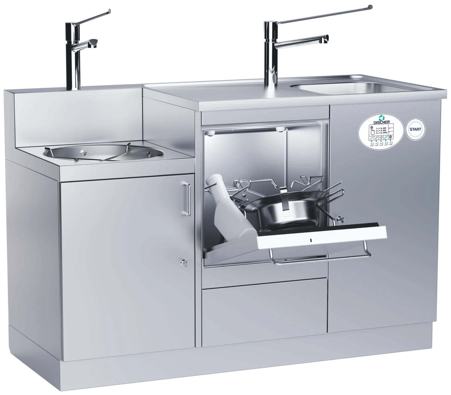 DISCHER Master 1350 Fäkalspüle mit Waschbecken, Ausguss, zwei Einhebelarmatur und geöffneter Spülkammer
