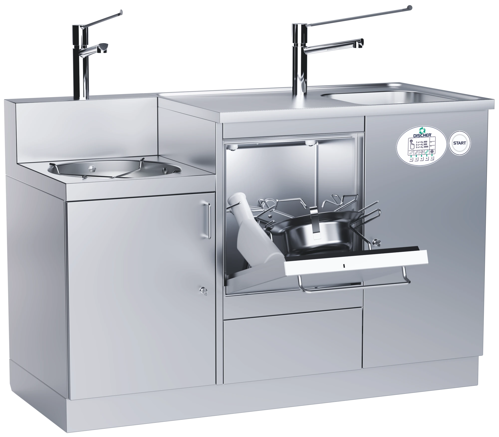 DISCHER Master 1350 Fäkalspüle mit Waschbecken, Ausguss, zwei Einhebelarmatur und geöffneter Spülkammer