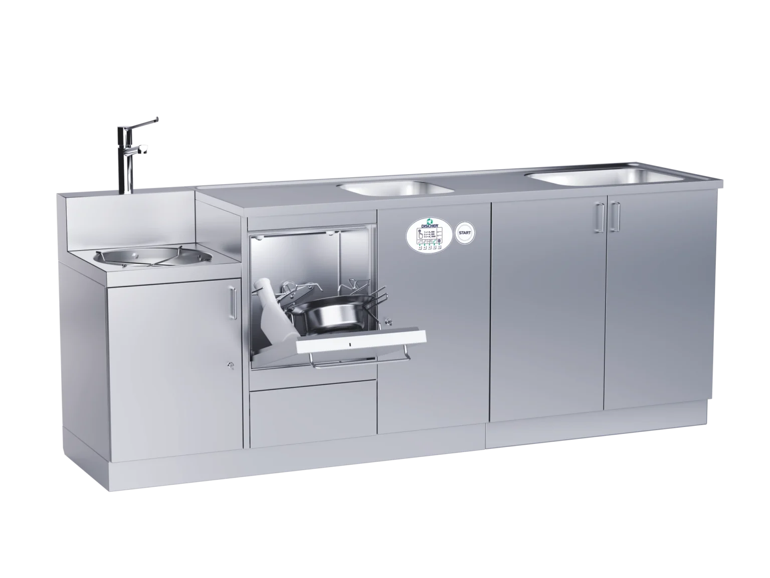 Master Fäkalspüle in der 2250-mm-Ausführung mit zwei Spülbecken und geöffneter Spülkammertür, seitliche Perspektive
