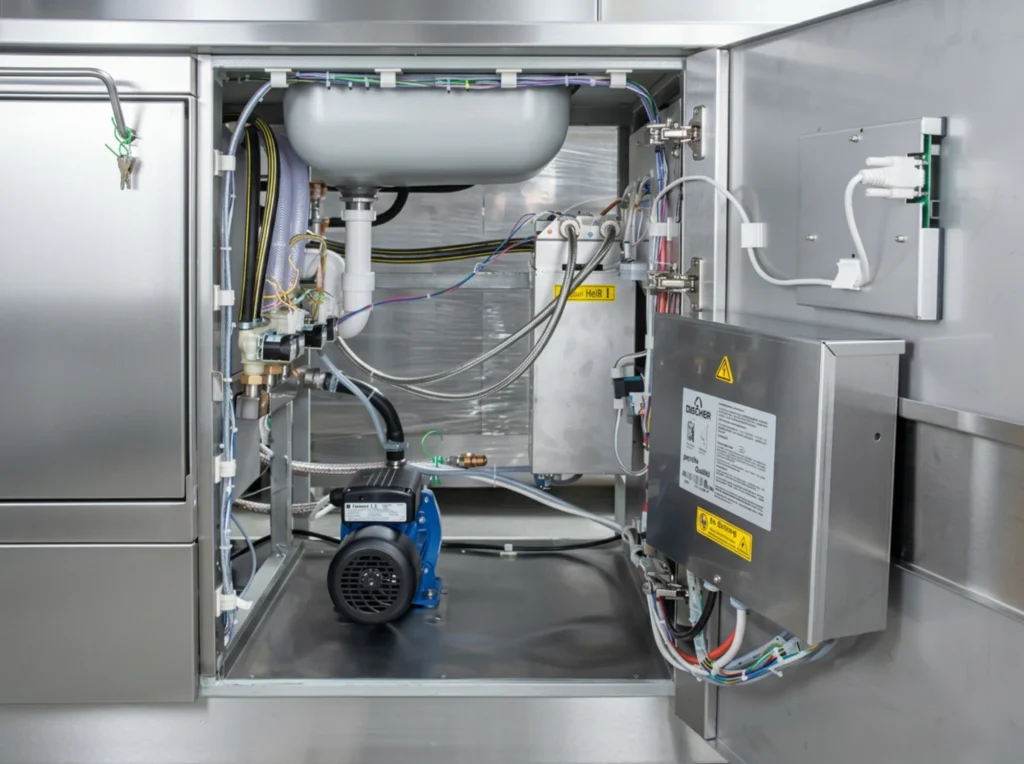 Geöffneter Wartungszugang einer Fäkalspüle mit Blick auf Pumpe, Verkabelung und Steuerungstechnik