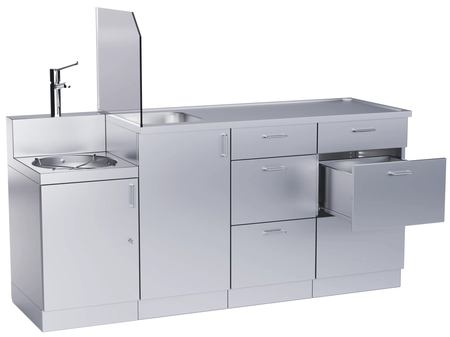 DISCHER Sonderschrank mit integriertem Waschbecken, Ausguss, Schubladen und Trennscheibe