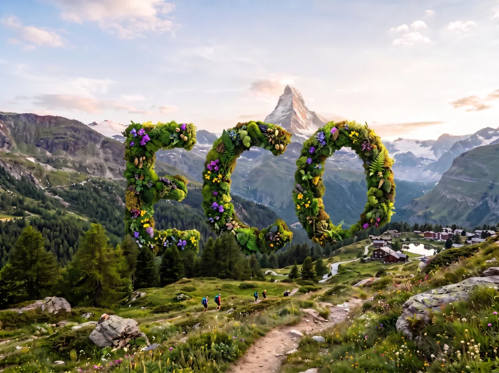 Schriftzug ECO aus Pflanzen vor Bergkulisse als Symbol für die ECO-Taste