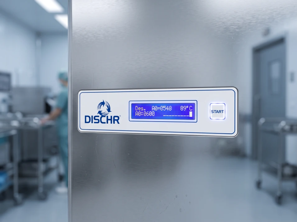 LCD-Grafikdisplay einer DISCHER Fäkalspüle mit Betriebsparametern